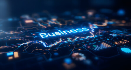 Business Word on Digital Network Background with Glowing Data Visualization and Futuristic Technology
