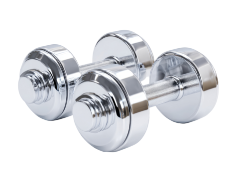 Two chrome-plated dumbbells, slightly angled, isolated on black background.  Their smooth, rounded ends and ribbed handles are highly reflective