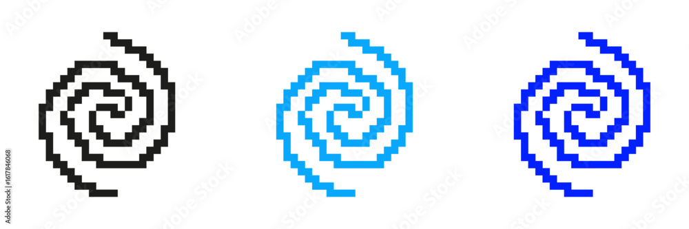 Poster pixelated spiral icon set. swirling motion symbol in pixel art style. twisting and turning swirl sha