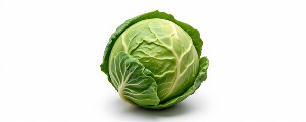 Fototapeta premium A 4k ultra detailed shot of a whole green cabbage with natural leaf texture on a white background