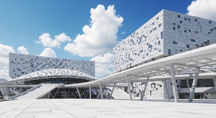 Obraz premium Modern architectural buildings with unique geometric designs under a clear blue sky