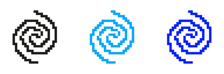 Pixelated Spiral Icon Set. Swirling Motion Symbol in Pixel Art Style. Twisting and Turning Swirl Shape Symbolizing Dynamic Movement. Isolated Vector Illustration