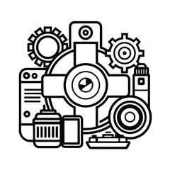 Black line art illustration of photography equipment and accessories
