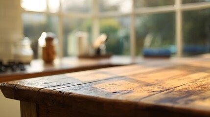 Empty wooden table with soft light, blurred kitchen behind. Simplicity and warmth in a quiet moment.
