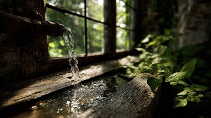 Obraz premium Pure water stream entering glass by rustic wood window 