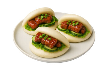 Three steamed bao buns holding glazed pork belly, cucumber slices, and fresh herbs on minimalist white surface