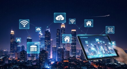 Smart city with digital technology and connected devices in urban landscape