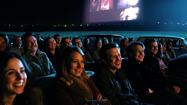 crowd gathers at open-air cinema, their faces illuminated by glowing screen. Smiles and laughter ripple through audience as watching an interesting movie. beneath night sky.