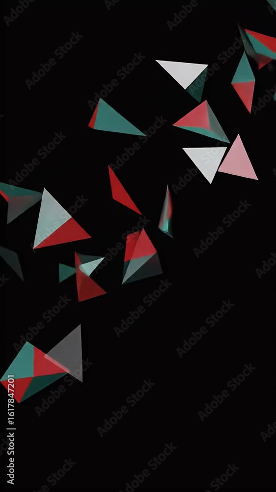 Poster abstract illustration of floating triangles in red and green on black background