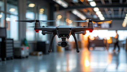 Autonomous security drones equipped with advanced cameras are showcased modern indoor environment, highlighting their innovative design