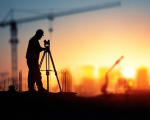 Silhouette of a surveyor using a theodolite on a construction site at sunset with cranes and rebar in the background