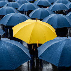yellow and blue umbrellas in rain. Bright yellow umbrella standing out among a sea of blue umbrellas covered in rain droplets du a rainy day outdoor event.