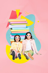 Vertical art pop poster banner collage of two happy classmates schoolboy schoolgirl wear 3d glasses movie book stack education