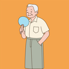 an old man fanning coolly. Minimal line illustration design.