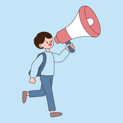 A student running with a loudspeaker in one hand. Minimal line illustration design.