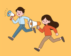 office Workers running with one hand holding a loudspeaker and shouting. Minimal line illustration design.