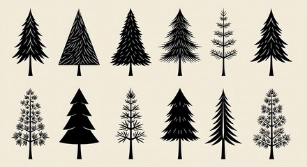 Obraz premium A festive set of green Christmas trees, perfect for winter holiday forest illustrations and seasonal decorations