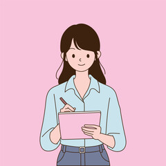a woman taking notes in a notebook. Minimal line illustration design.