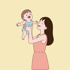 A mother holding her baby and smiling. Minimal line illustration design.