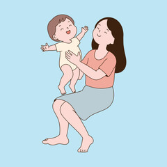 A mother holding her baby and smiling. Minimal line illustration design.