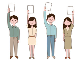 People holding the paper high with one hand. Minimal line illustration design.