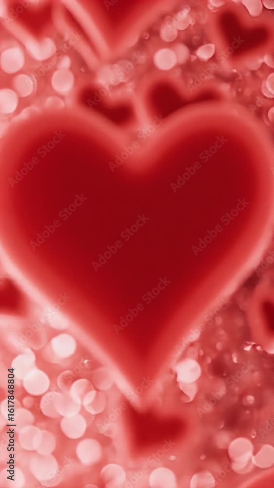 Poster abstract illustration of red hearts with bokeh sparkle and textured background