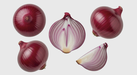 Several red onions whole and sliced are arranged on a white surface.