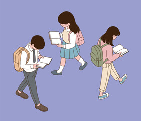 Students walking while reading books. Minimal line illustration design.