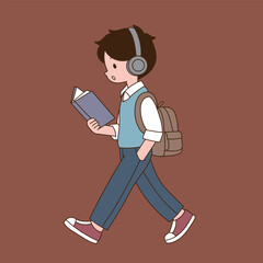 a student who walks while reading a book. Minimal line illustration design.
