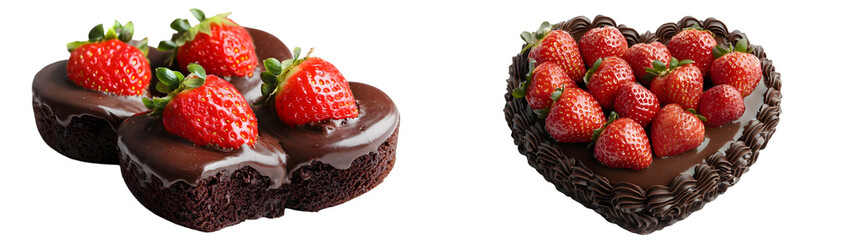 Heart-shaped chocolate cake topped with fresh strawberries covered in rich chocolate glaze isolated on a transparent background
