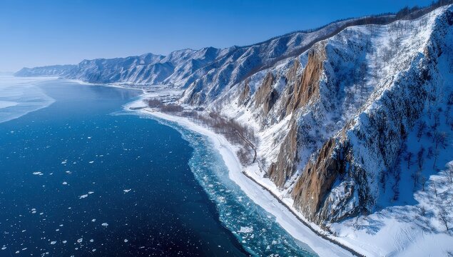 Frozen lake meets snowy cliffs. Aerial view - Powered by Adobe