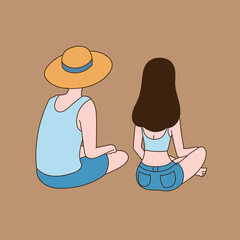 The back of a couple sitting side by side in summer. Minimal line illustration design.