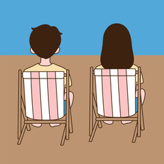 The back of a man and a woman sitting on a sunbed. Minimal line illustration design.