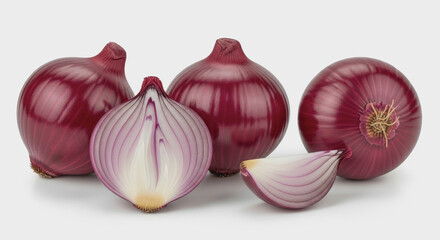 Several red onions whole halved and sliced on a white background.