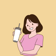A woman smiling with a tumbler in one hand. Minimal line illustration design.