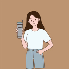 A woman smiling with a tumbler in one hand. Minimal line illustration design.
