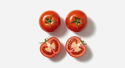 Two whole and two halved tomatoes on a white surface with shadows.