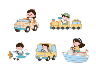 The children are driving various vehicles. Minimal line illustration design.