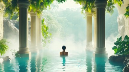 Woman relaxing in luxurious jungle spa with columns