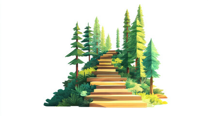 Uphill Path, A minimalist flat design illustration of a forest path gradually inclining upwards through stylized trees. Symbolizing overcoming challenges.
