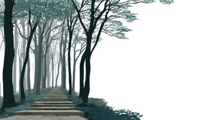 Uphill Path, A minimalist flat design illustration of a forest path gradually inclining upwards through stylized trees. Symbolizing overcoming challenges.