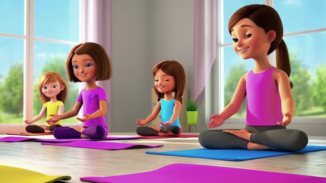cartoon girls flowing through yoga poses in sunny gym. cheerful fitness allegory. girls do exercises in gym, do yoga from an early age, in garden or at school. vibrant animated sequence