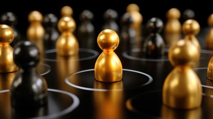 A group of game pieces in various colors, with a prominent golden piece standing out among black ones, creating a striking visual contrast.