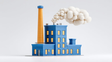 Toy Factory, A minimalist 3D illustration of a cute, colorful toy factory with whimsical, curly steam coming from its chimney. Isolated on a plain white background.