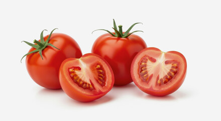 Several red tomatoes whole and cut on a white surface.