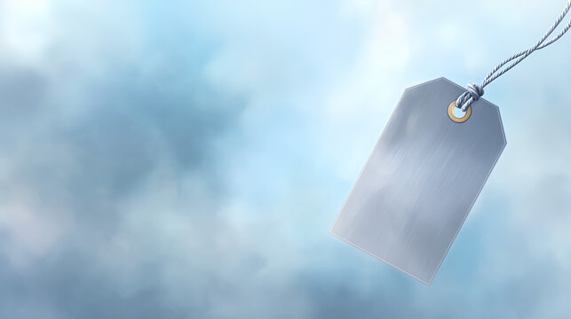 Vintage paper tag floating in blue space with abstract texture, minimalist design concept.