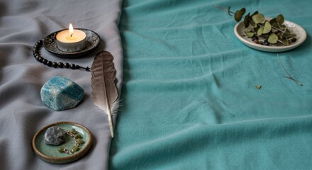 Candlelight with rose quartz and feather on soft pink