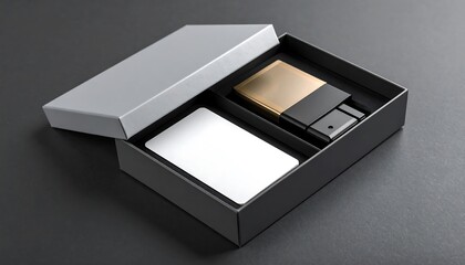 Opened gray and black gift box with a gold cosmetic item and a white card