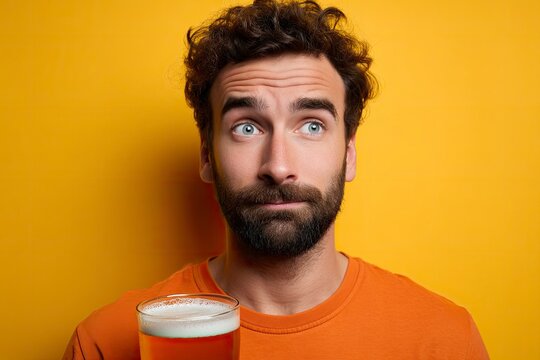 Man with beard orange shirt holds beer looking to the side against a yellow backdrop