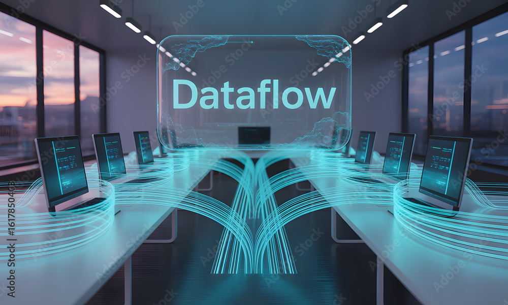 Poster digital dataflow in modern conference room. information streams connecting laptops to holographic di